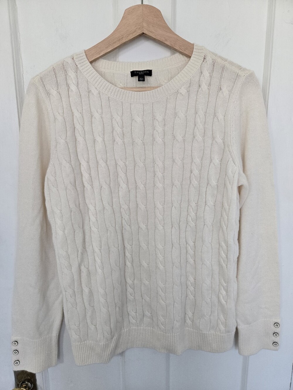 Talbots Women's Cableknit Sweater Cream XL Petite Wool Blend Preppy Old Money